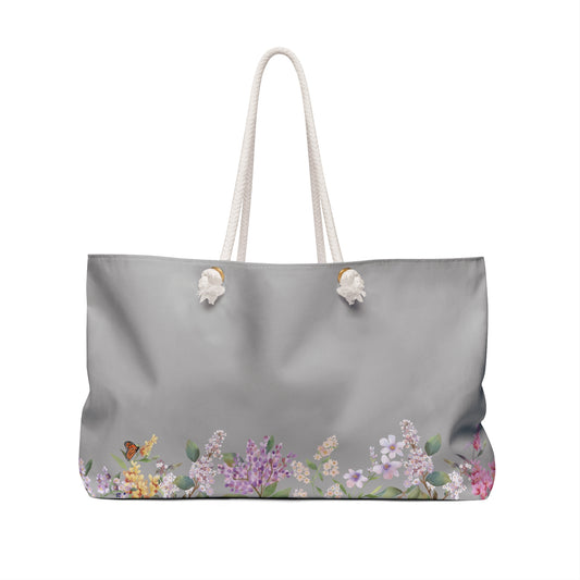 Gray Weekender Bag Floral & Butterfly Design
