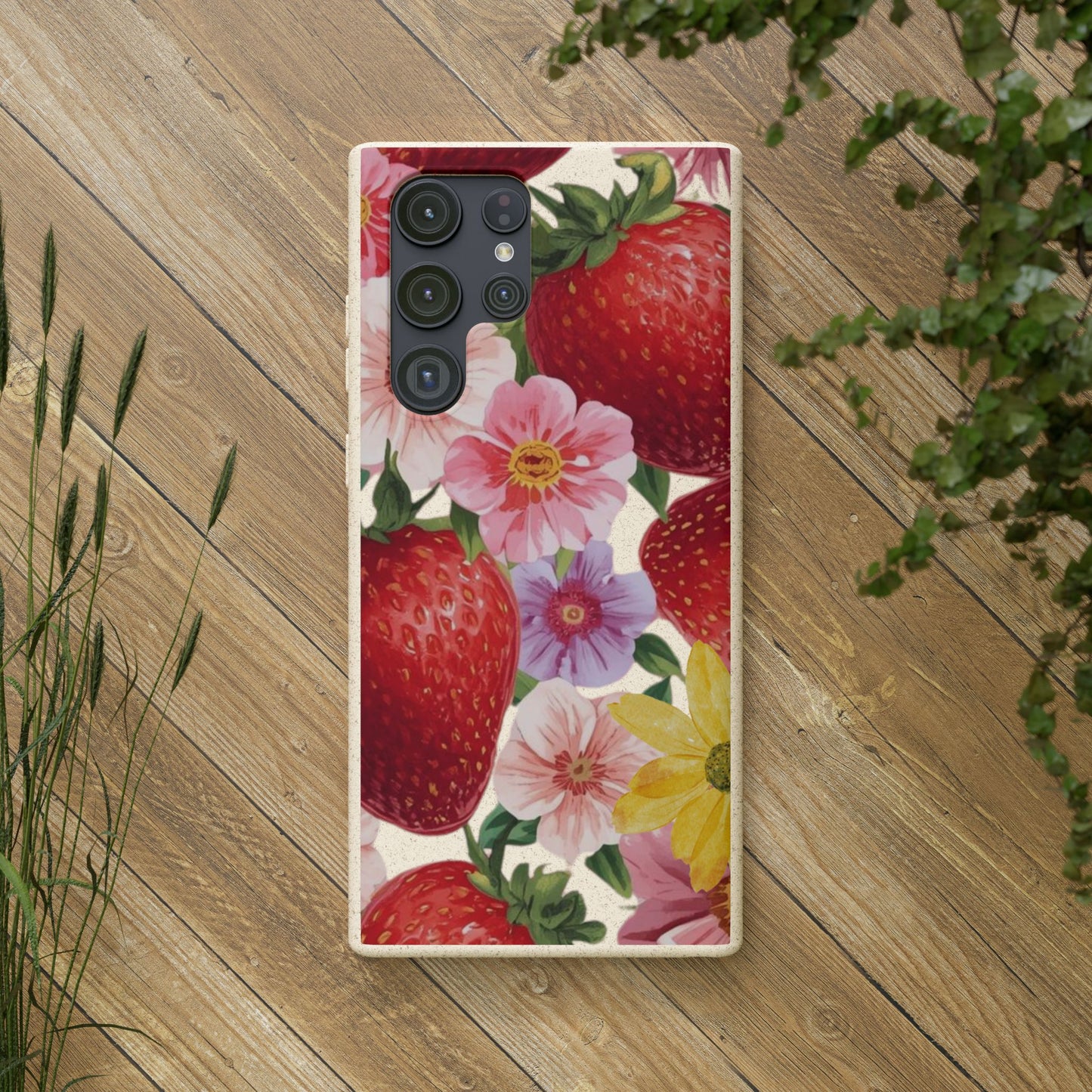 Biodegradable Phone Case - Floral Strawberries Design