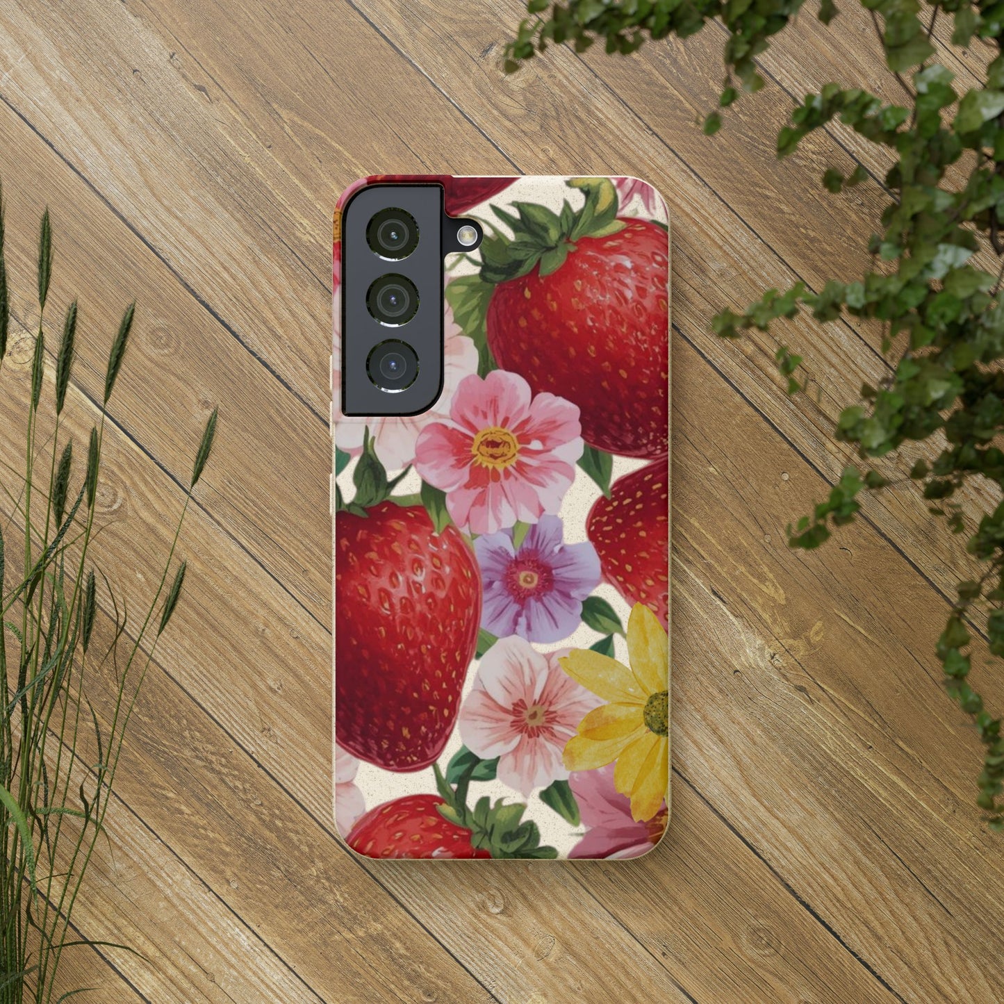 Biodegradable Phone Case - Floral Strawberries Design