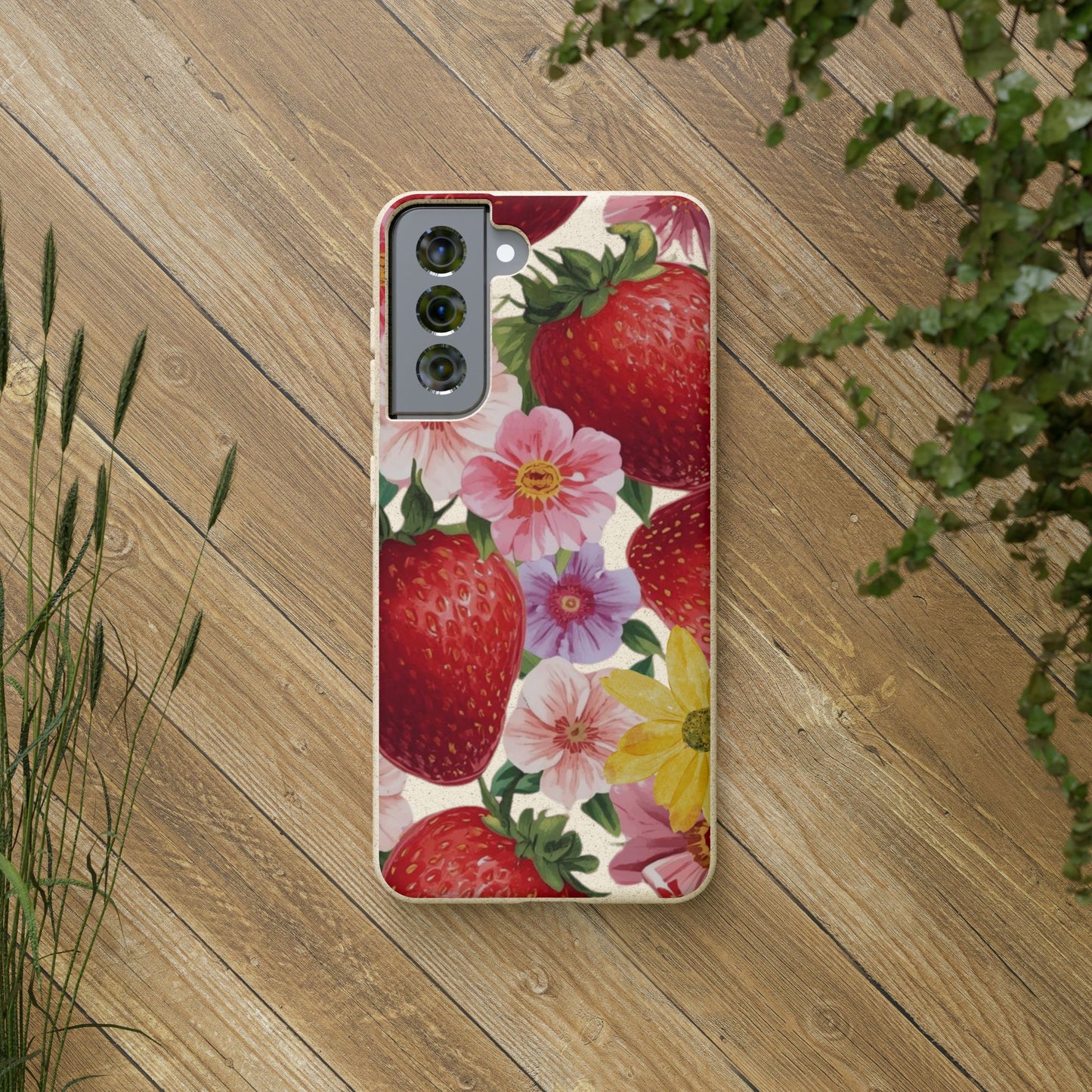 Biodegradable Phone Case - Floral Strawberries Design