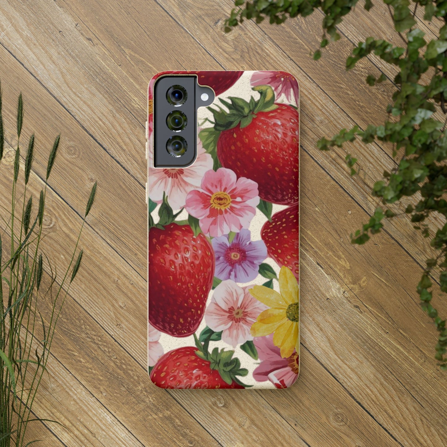 Biodegradable Phone Case - Floral Strawberries Design