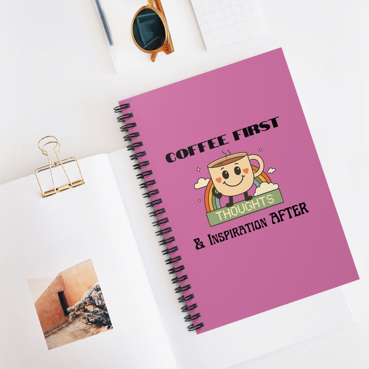 Pink Ruled Line Spiral Notebook - Coffee Quote Retro Style