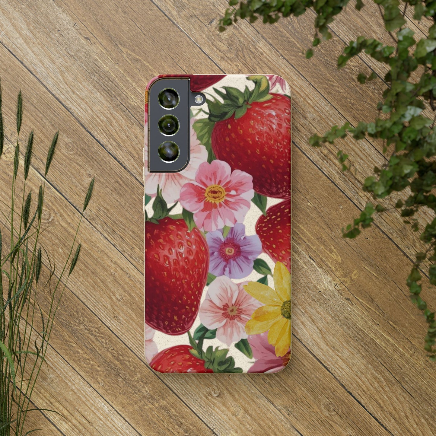Biodegradable Phone Case - Floral Strawberries Design