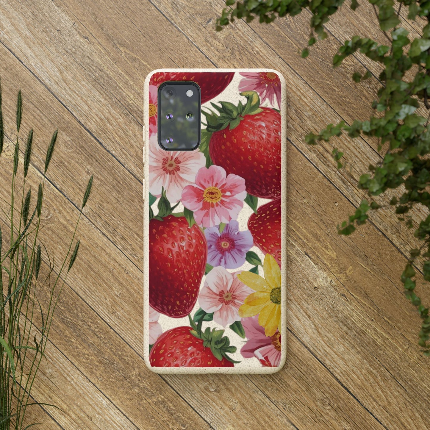 Biodegradable Phone Case - Floral Strawberries Design