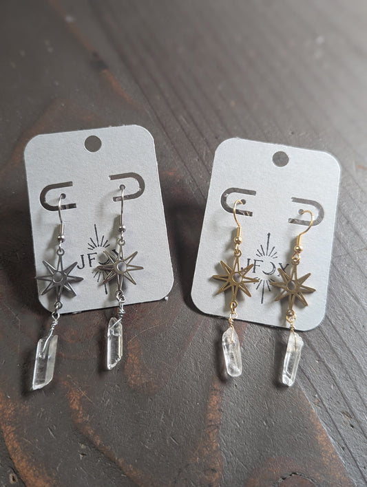 Sun Moon Quartz Crystal Earrings (Available in Silver or Gold)