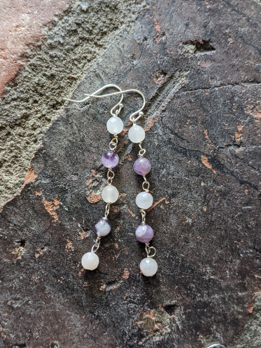 Rose Quartz and Amethyst Wire Wrapped Drop Earrings