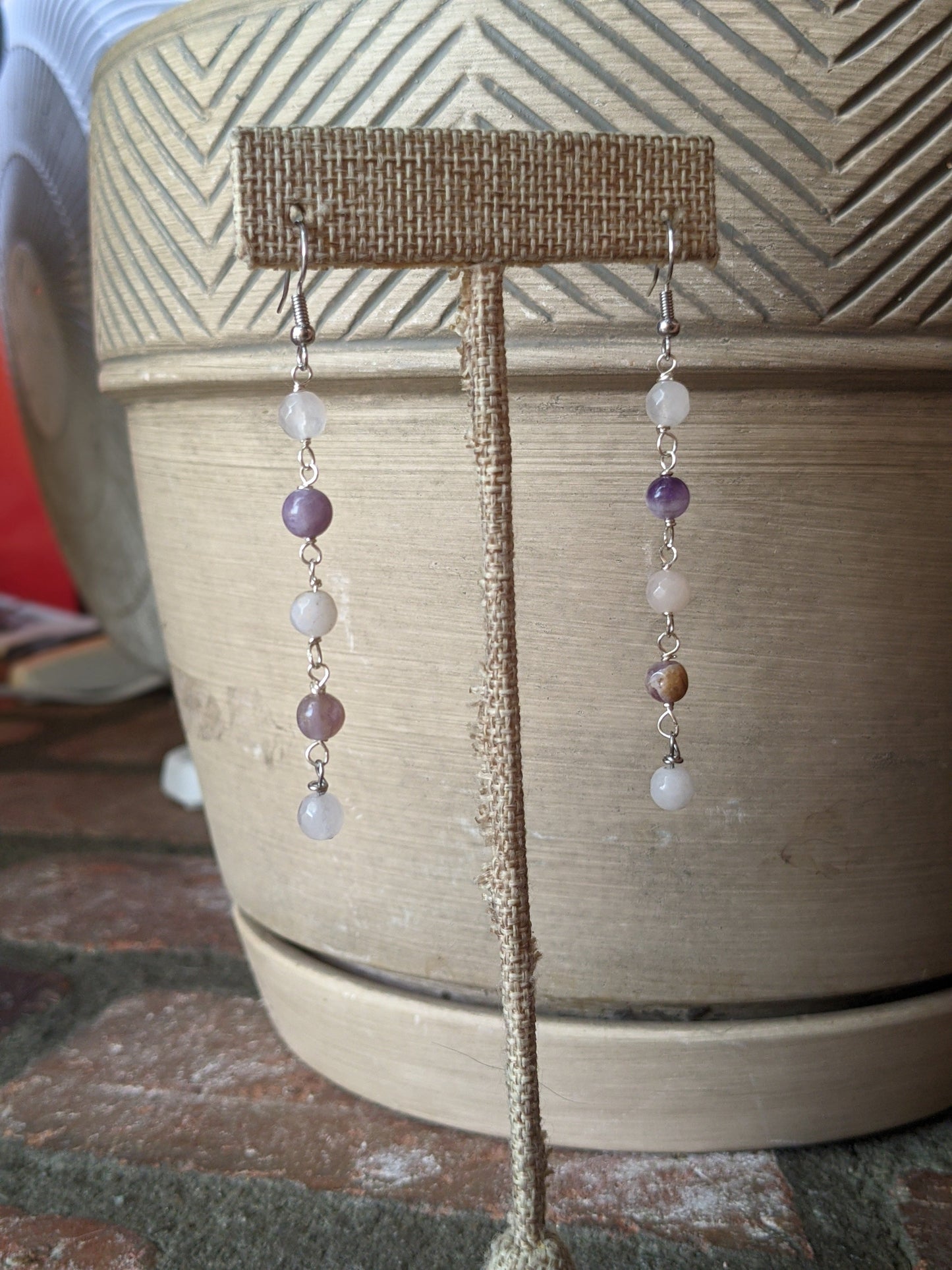 Rose Quartz and Amethyst Wire Wrapped Drop Earrings