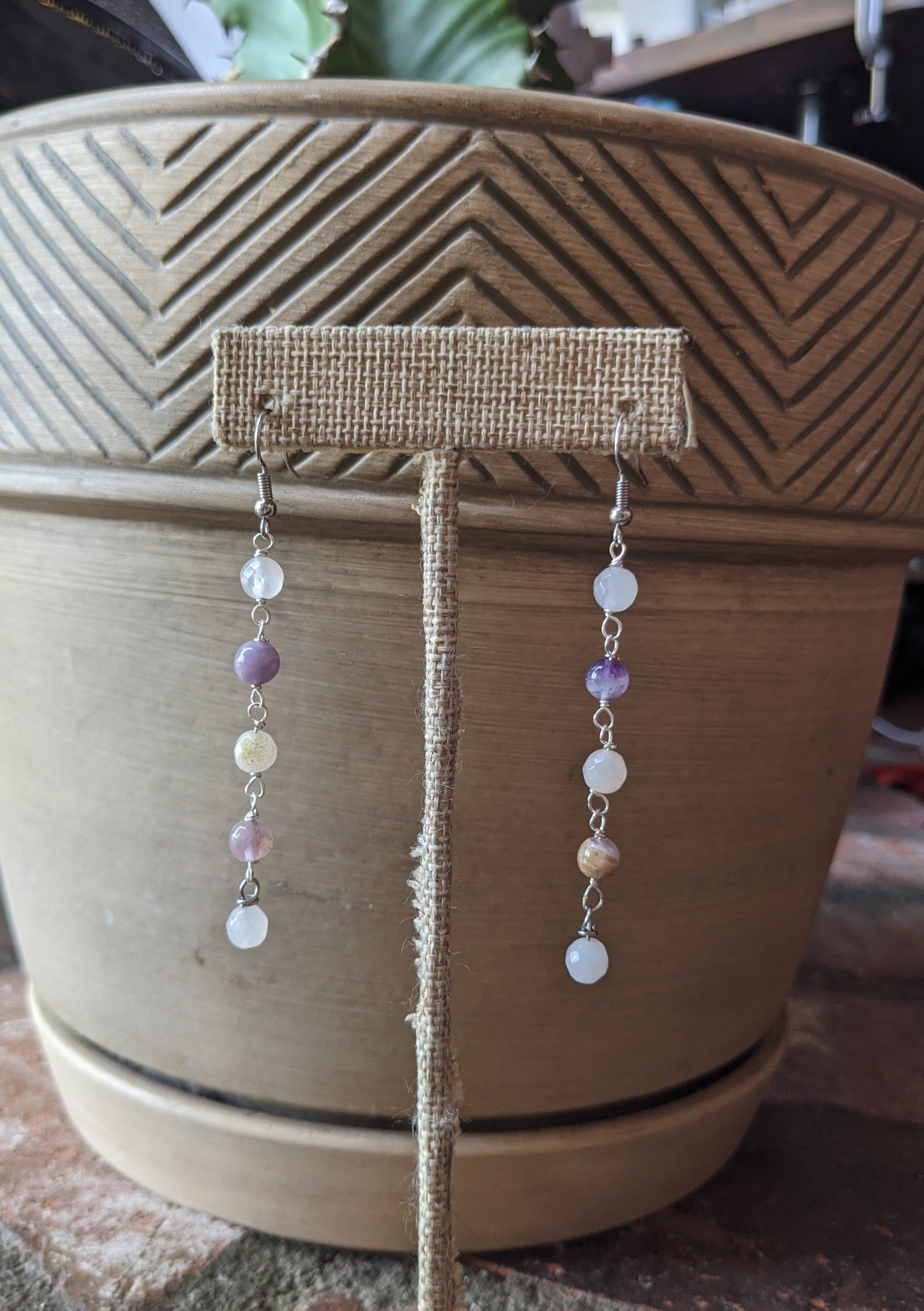 Rose Quartz and Amethyst Wire Wrapped Drop Earrings