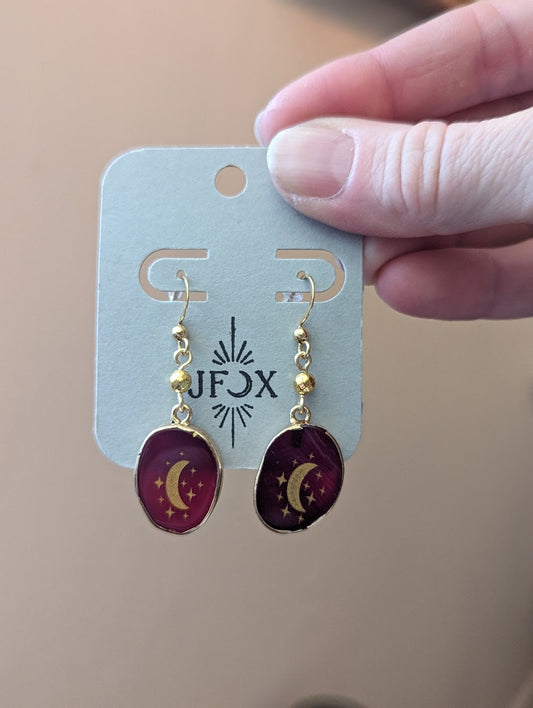 Pink Agate Etched Gold Moon Earrings