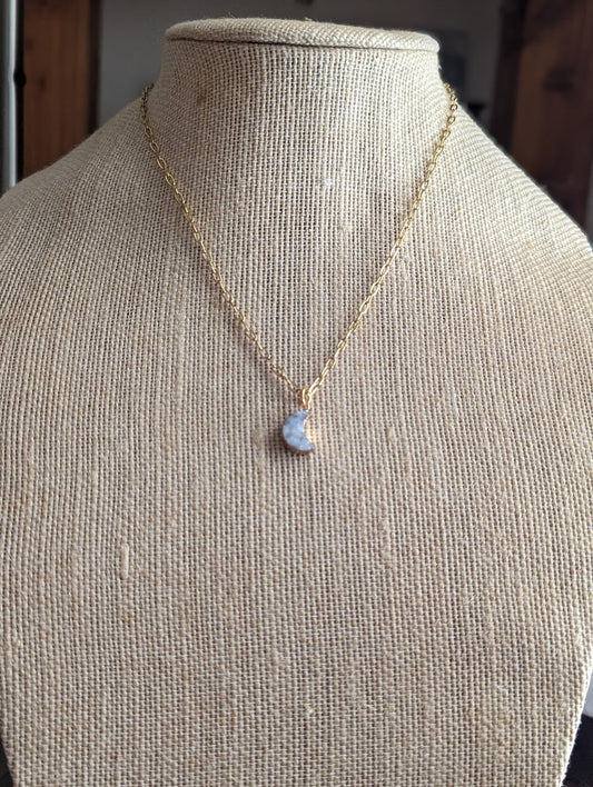 White Druzy Crescent Moon on Paperclip Chain