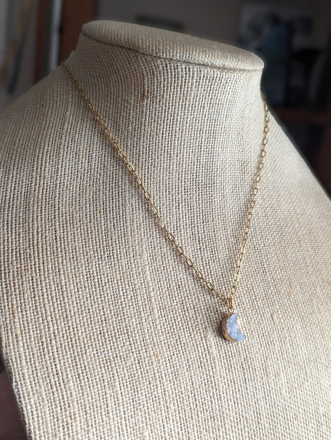 White Druzy Crescent Moon on Paperclip Chain