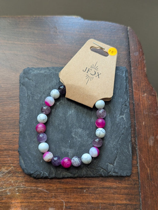 Pink Agate, Howlite, Amethyst Bracelet (Various Sizes Available)