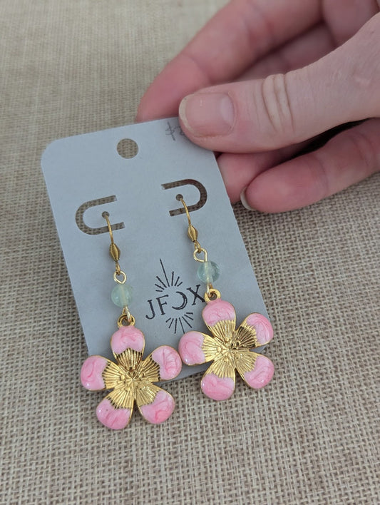 Pink Enamel Fluorite Gold Flower Earrings