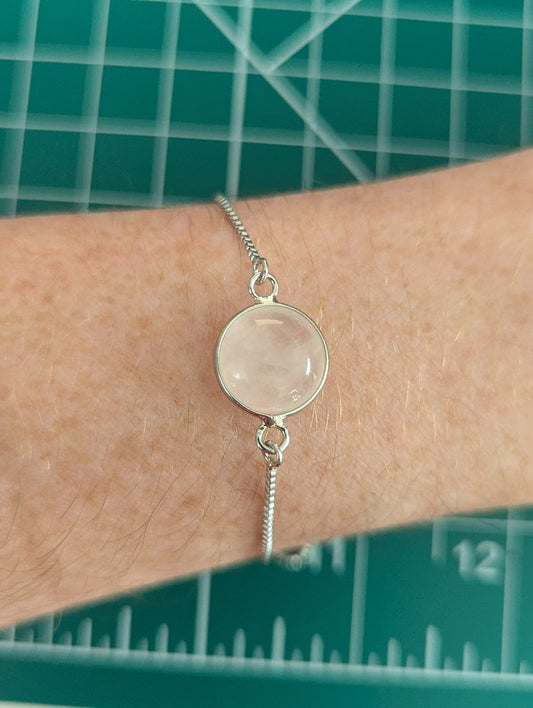 Round Rose Quartz Silver Slider Bracelet