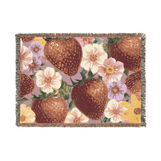 100% Cotton Woven Blanket - Floral Strawberries Design