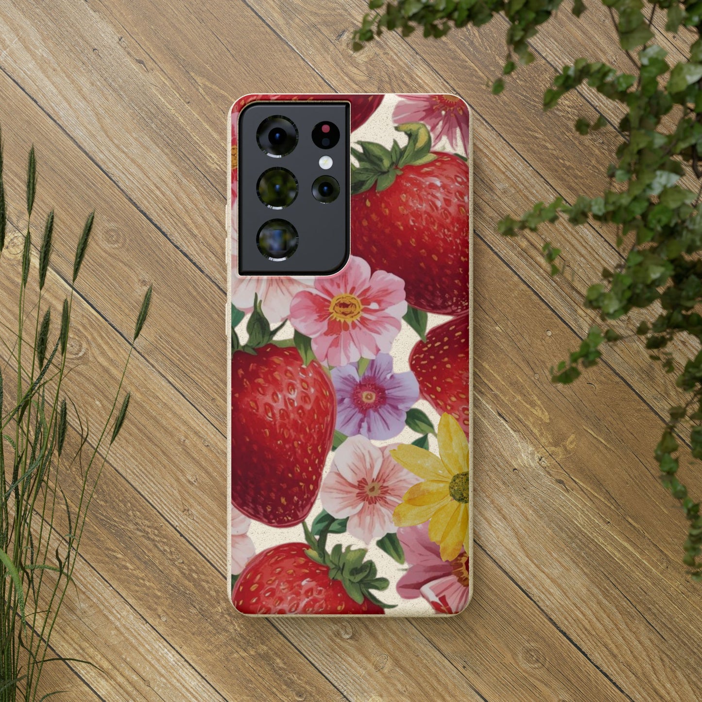 Biodegradable Phone Case - Floral Strawberries Design