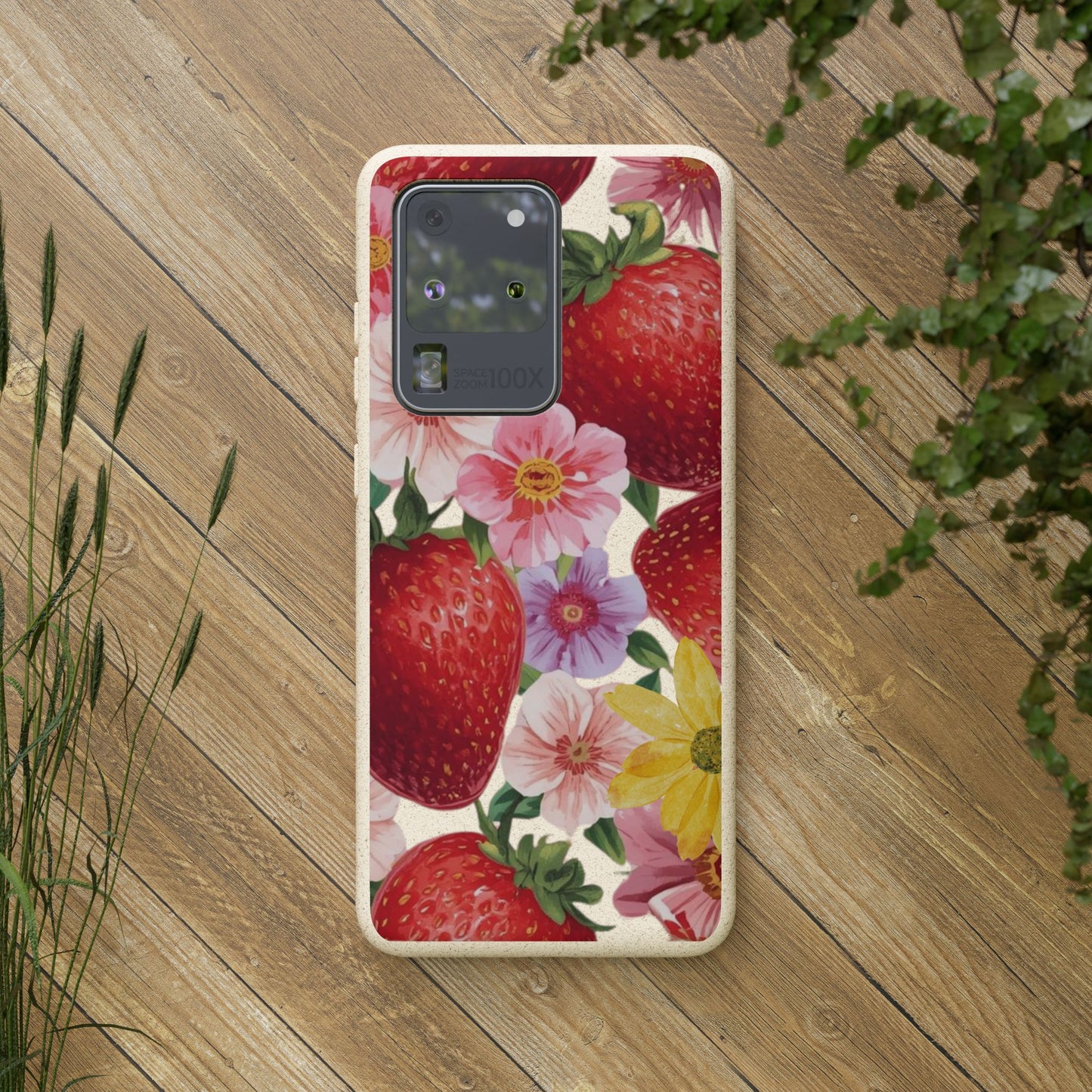 Biodegradable Phone Case - Floral Strawberries Design