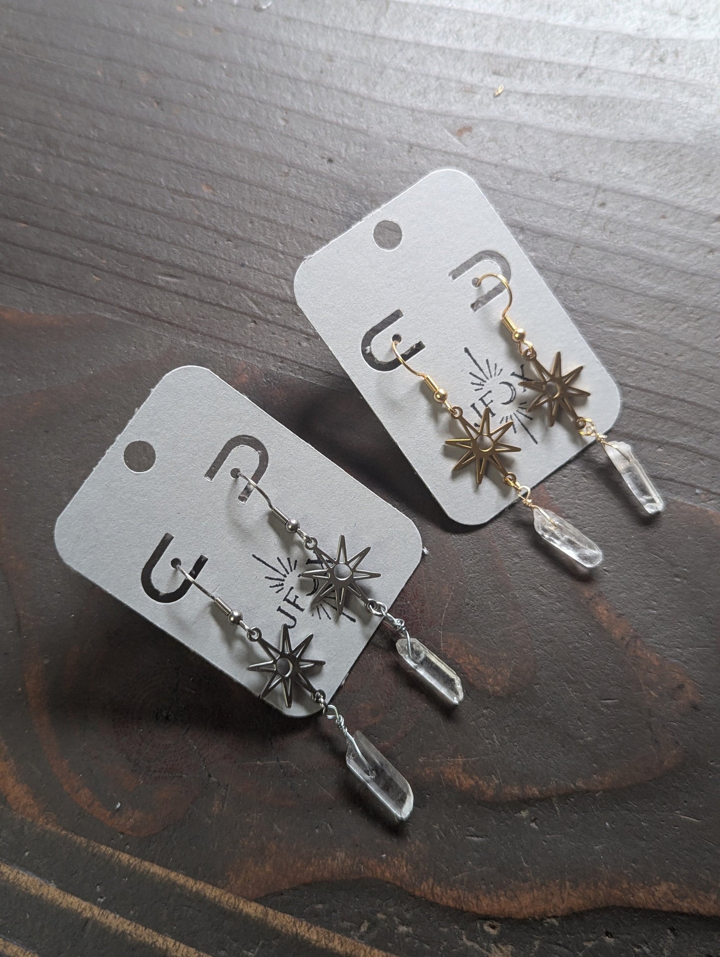 Sun Moon Quartz Crystal Earrings (Available in Silver or Gold)