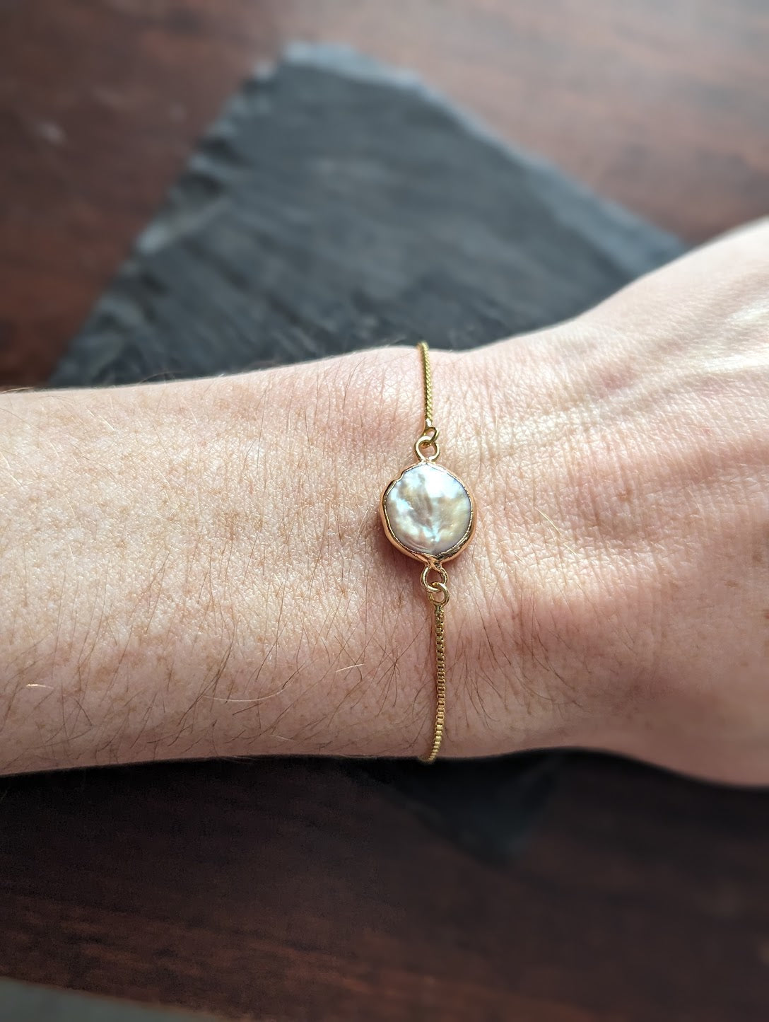 Pink Freshwater Pearl Gold Slider Bracelet