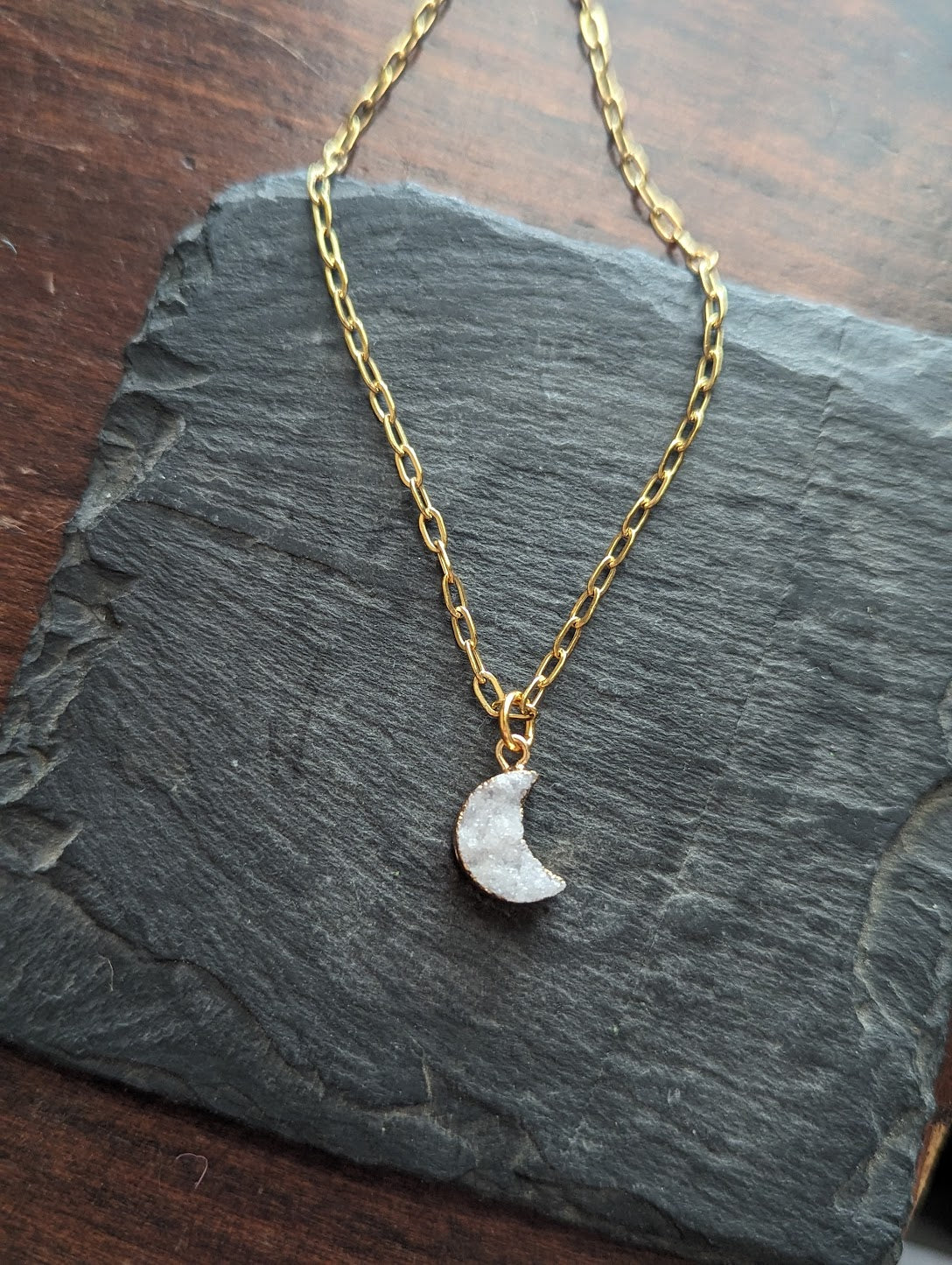 White Druzy Crescent Moon on Paperclip Chain