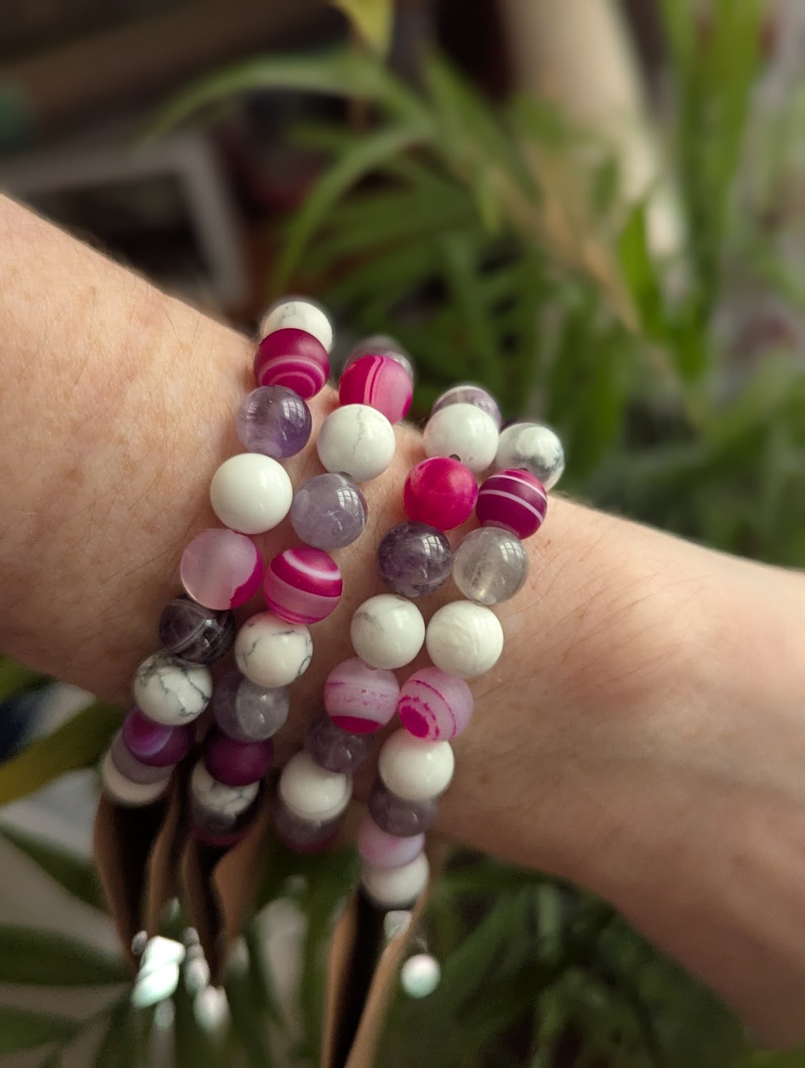 Pink Agate, Howlite, Amethyst Bracelet (Various Sizes Available)